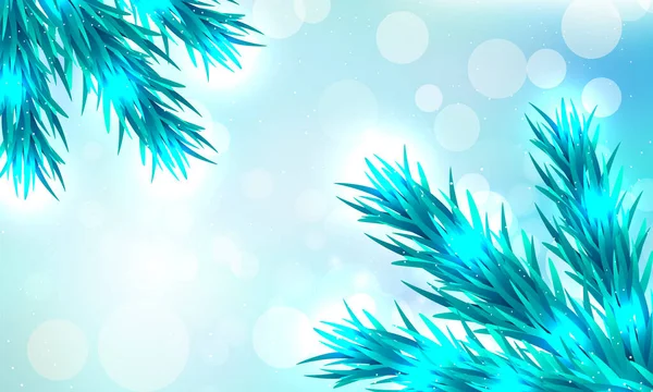 Natale Sfondo Bokeh Blu Con Rami Albero Natale Fiocchi Neve — Vettoriale Stock