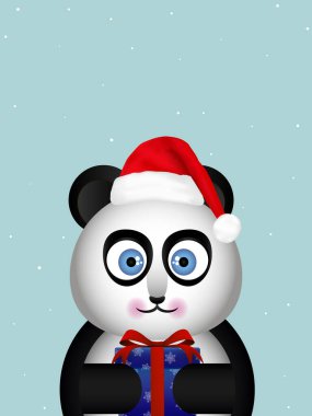 Kışın Noel Baba şapkası giyen panda, vektör sanat çizimi.