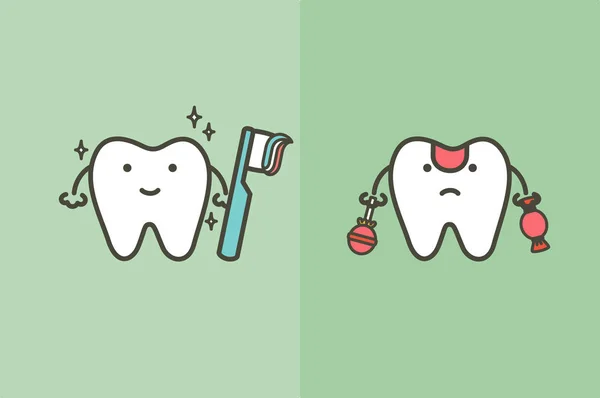 Порівняння Здорового Білого Зуба Чистими Зубами Нездоровим Зруйнованим Зубом Солодких — стоковий вектор