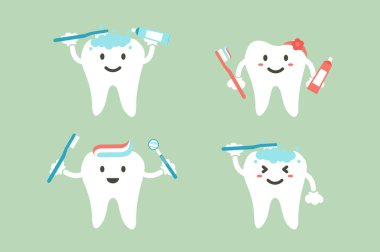 Diş kümesi diş - diş çizgi film vektör düz stil şirin karakter tasarımı için fırçalama