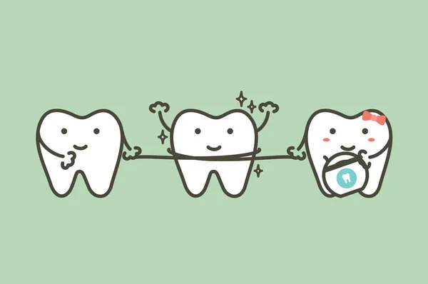 Dientes Sanos Limpieza Amigo Por Hilo Dental Diente Dibujos Animados — Vector de stock