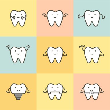 Diş Bakımı, diş kavramı (implant, taç, Ortodonti, beyazlatma) - diş çizgi film vektör tasarımı için düz stil şirin karakter için öğe kümesi