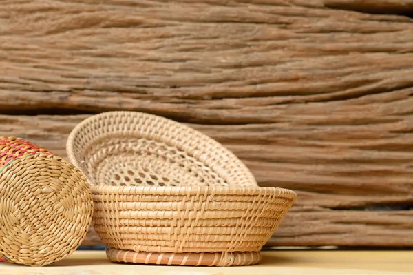 Stack Wicker Basket Old Wooden Table — Stock Photo, Image