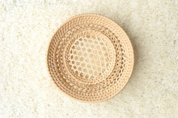 Empty Wicker Basket Rice Background — Stock Photo, Image