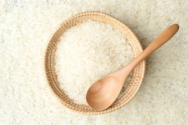 White Rice Wicker Basket Wooden Spoon Rice Background — Stock Photo, Image