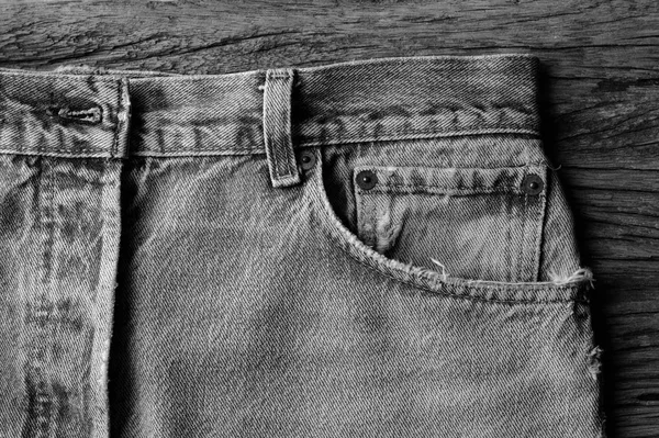 Close Jeans Trousers Wooden Background Black White Image — Stock Photo, Image