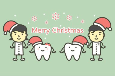 düz stil şirin karakter tasarımı için vektör diş çizgi film mutlu diş ve diş hekimi giyen santa claus şapka neşeli Noel ve mutlu yeni yıl, diş bakımı kavramı - için