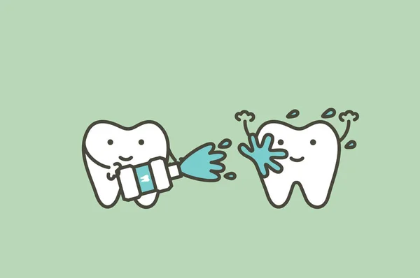 Υγιή δόντια καθαρισμό του φίλου του με στοματικό διάλυμα, οδοντιατρική φροντίδα υγείας — Διανυσματικό Αρχείο
