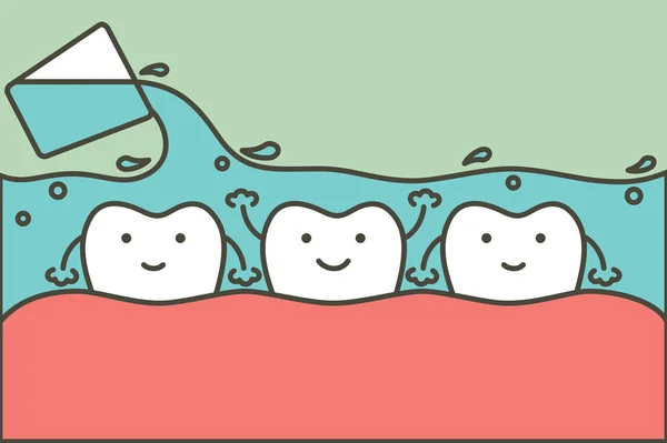 Limpieza de dientes por enjuague bucal, cuidado de la salud dental — Archivo Imágenes Vectoriales