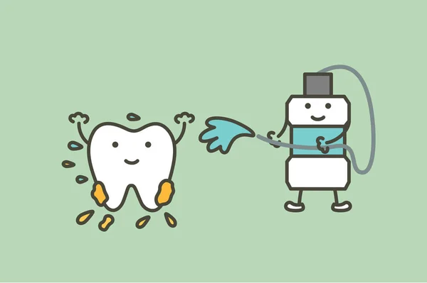 Limpieza de dientes por enjuague bucal, cuidado de la salud dental — Vector de stock