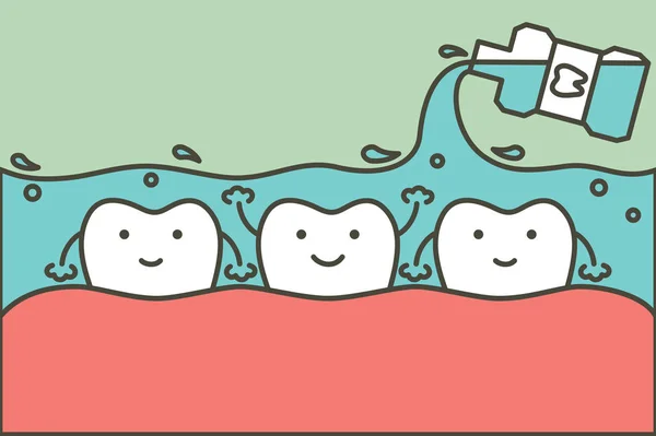 Limpieza de dientes por enjuague bucal, cuidado de la salud dental — Archivo Imágenes Vectoriales