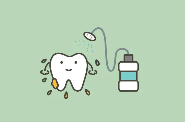 Reiniging van tanden door mondspoeling, tandheelkundige zorg — Stockvector