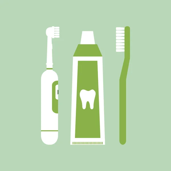 Cepillo de dientes eléctrico y mango con pasta de dientes para cepillarse los dientes — Archivo Imágenes Vectoriales