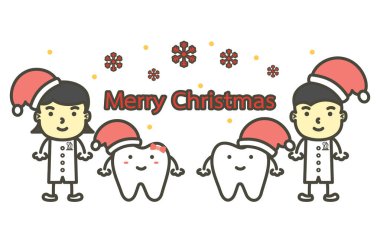 mutlu diş ve diş hekimi Merry Christmas ve Happy New Year, diş bakımı kavramı için noel baba şapka giyiyor