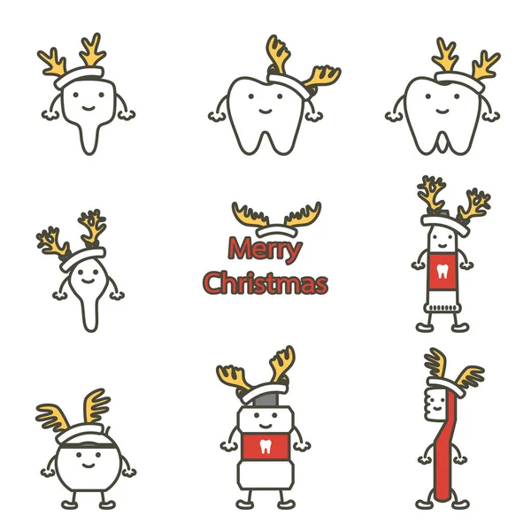 Happy Zahn, Zahnbürste, Zahnpasta, Mundwasser und Zahnseide mit Hirschgeweih für frohe Weihnachten — Stockvektor