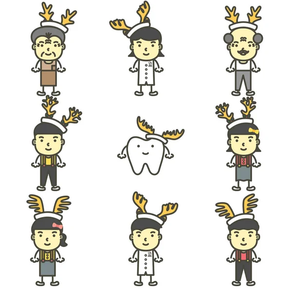 Gelukkige tand, tandarts, jongen, meisje, kinderen en senior met hertengewei voor vrolijk kerstfeest — Stockvector