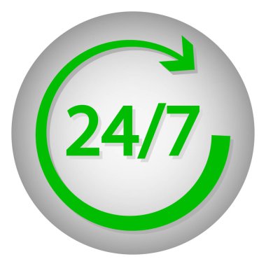 24.7 simgesi. Müşteri hizmetleri. Günün 24 saati hizmet. Düz stil. Beyaz arka planda izole edilmiş. Vektör illüstrasyonu