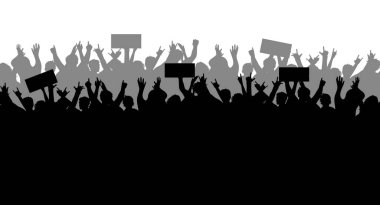 Protesto ve grev kavramı, gösteri ve devrim. Elinde pankartlar olan bir sürü insan silueti. Siyasi ve insan hakları protestoları. Siyasi gösteriler. Vektör illüstrasyonu