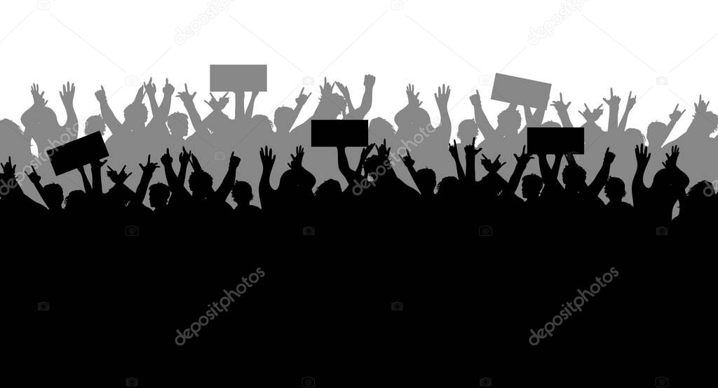 Concept of protest and strike, demonstration and revolution. Silhouettes of crowds of people with banners in hand. Political and human rights protests. Political demonstrations. Vector illustration