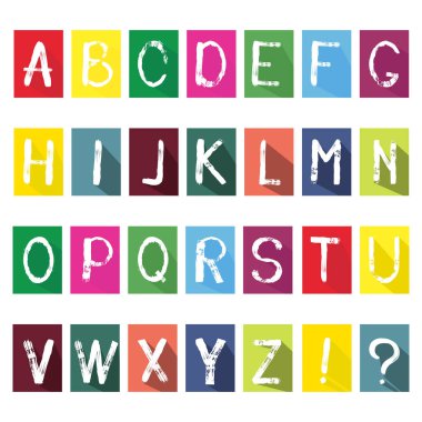 Düz renkli taslak harf dizaynı, uzun gölgeli alfabe simgeleri, kavram arka planı. Beyaz arka planda izole edilmiş. Düz stil. Vektör  