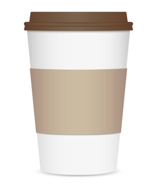 Kahverengi kapaklı ve bardak tutacağı olan gerçekçi bir kahve fincanının düzeni. Ön manzara. Beyaz arka planda izole edilmiş. Vektör illüstrasyonu
