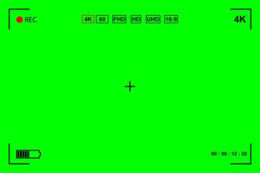Yeşil ekran, kromakey arka plan. VFX hareket takip işaretleri olan boş yeşil bir arkaplan. Modern dijital kameraların ekranı. Klavye, grafik ve video efektleri için klavye