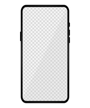 Gerçekçi bir telefon modeli. Boş şeffaf ekranlı modern telefon tasarımı. Ön tasarım. Sunum ve bilgi şablonları. İletişim teknolojileri ve uygulamaları için bir unsur. Vektör