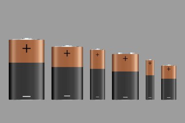 Vector battery, different size, isolated on gray background. Battery sizes or styles, various electronic industrial devices, lithium-chemical electrical components. Vector illustration clipart