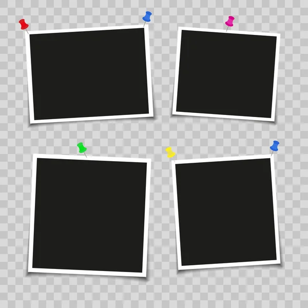 Gerçekçi fotoğraf çerçevesi düzeni. Retro fotoğraf çerçeveleri, duvarında gölgeler, saç tokası olan resimler. Şeffaf arkaplanda izole edilmiş. Vektör illüstrasyonu