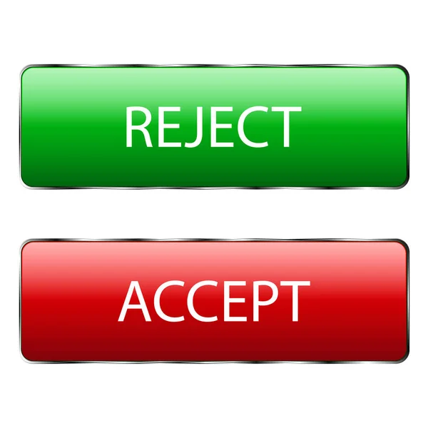 Yeşil ve kırmızı dikdörtgenli, yuvarlak köşeli ve yazılı rozetler onaylandı ve reddedildi. Beyaz arkaplanda gölgesi olan 3D düğme tasarımı. Vektör illüstrasyonu