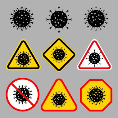 Koronavirüslü karantina ikonları. Crown virüsü uyarı işareti logosu gri arka planda izole edilmiş. COVID 19. Tehlikeli bir virüs ikonu tasviri. Vektör illüstrasyonu