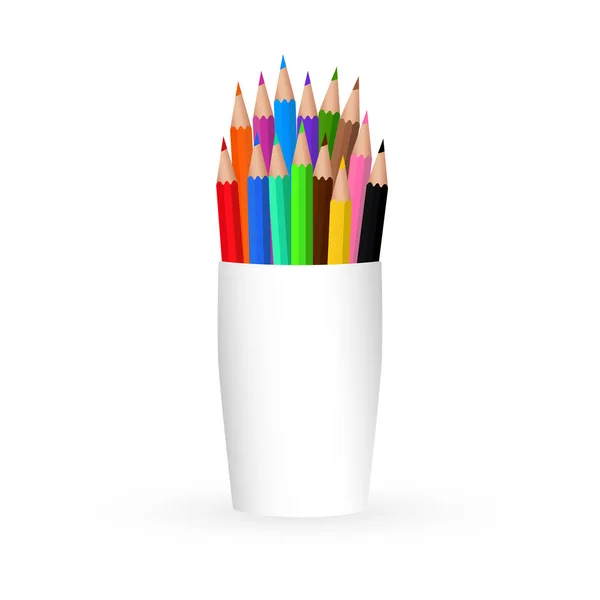 Пластиковая Чашка Набором Цветных Карандашей Закрыть Изоляцию Белом Фоне Дизайн — стоковый вектор