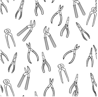 Elle çizilmiş çalışma araçlarıyla kusursuz desen. El aletleri koleksiyonu. Çeşitli taslak elementlerden el yapımı karikatür: pense, tel kesici, kıskaç. Beyaz bir arka planda. Vektör illüstrasyonu