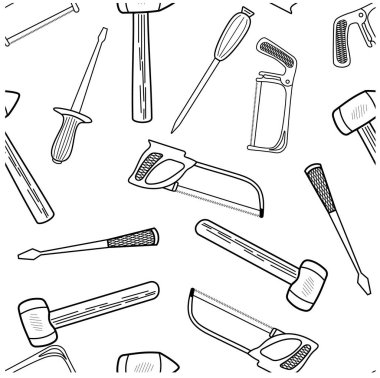 Elle çizilmiş çalışma araçlarıyla kusursuz desen. El aletleri koleksiyonu. Çeşitli taslak elementlerden yapılmış el yapımı karikatür: çekiç, testere, tornavida. Beyaz bir arka planda. Vektör illüstrasyonu
