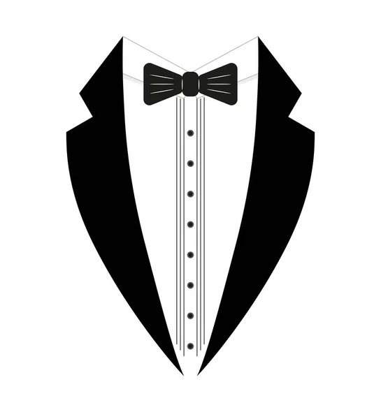 Papyonlu siyah beyaz smokin. Logo şablonu. Basit tasarım elemanı logo şablonu. Düz stil. Beyaz bir arka planda izole edilmiş. Vektör illüstrasyonu