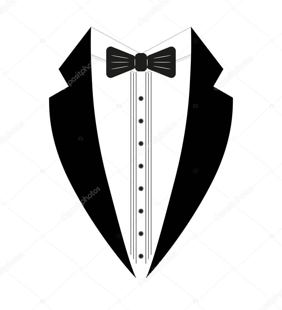 Black and white tuxedo with a bow tie. Logo template. Simple design element logo template. Flat style. Isolated on a white background. Vector illustration