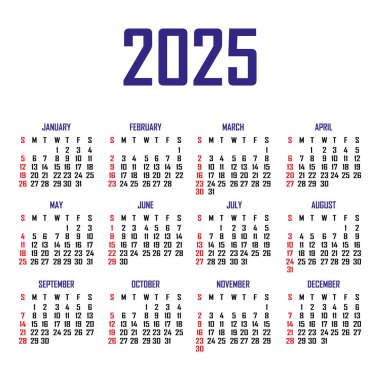 Takvim 2025. Hafta pazar günü başlıyor. Basit takvim şablonu. Dikey yönelimin portresi. Yıllık kırtasiye organizatörü. Vektör illüstrasyonu