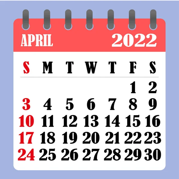 Briefkalender Für April 2022 Die Woche Beginnt Sonntag Zeit Planung — Stockvektor
