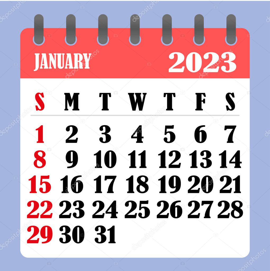 Letter calendar for January 2023. The week begins on Sunday. Time, planning and schedule concept. Flat design. Removable calendar for the month. Vector  