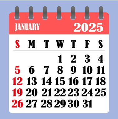 Ocak 2025 için mektup takvimi. Hafta pazar günü başlıyor. Zaman, planlama ve planlama konsepti. Düz dizayn. Aylık çıkarılabilir takvim. Vektör  