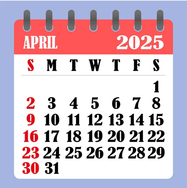 Nisan 2025 için mektup takvimi. Hafta pazar günü başlıyor. Zaman, planlama ve planlama konsepti. Düz dizayn. Aylık çıkarılabilir takvim. Vektör  