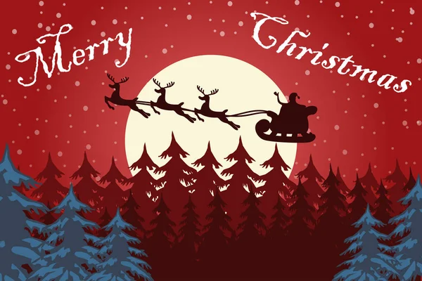 Noel ağacı, yıldızlar, ay ve gece ay ışığında ren geyiği siluetiyle Noel Baba 'nın şablonu. Noel kutlaması için afiş ya da poster. Vektör illüstrasyonu