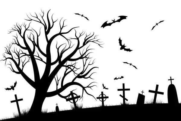 Halloween Děsivé Hřbitov Pozadí Stromy Kříže Netopýry Halloween Silueta Náhrobku — Stockový vektor