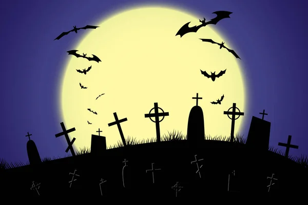 Halloween Aterrador Fondo Del Cementerio Con Árboles Cruces Murciélagos Halloween — Vector de stock