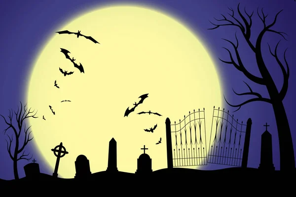 Halloween Aterrador Fondo Del Cementerio Con Árboles Cruces Murciélagos Halloween — Vector de stock