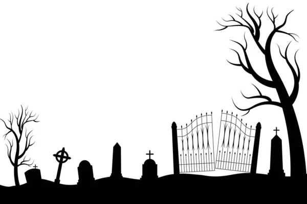 Halloween Děsivé Hřbitov Pozadí Stromy Kříže Netopýry Halloween Silueta Náhrobku — Stockový vektor