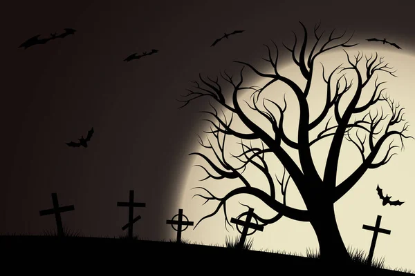 Halloween Děsivé Hřbitov Pozadí Stromy Kříže Netopýry Halloween Silueta Náhrobku — Stockový vektor