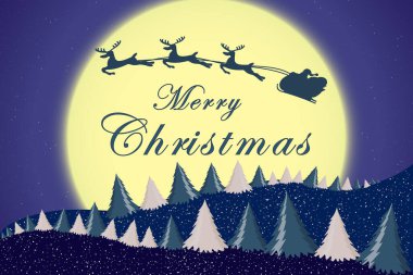 Noel ağacı, yıldızlar, ay ve gece ay ışığında ren geyiği siluetiyle Noel Baba 'nın şablonu. Noel kutlaması için afiş ya da poster. Vektör  