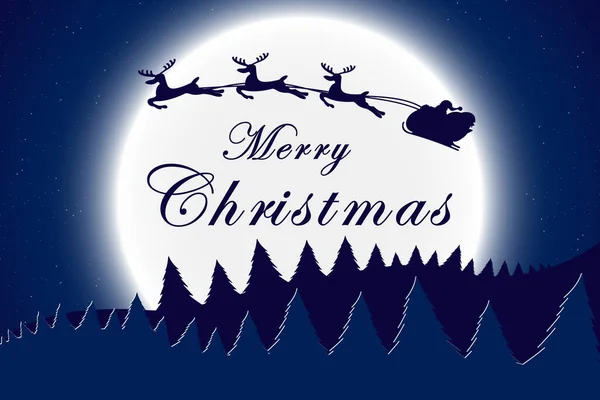 Noel ağacı, yıldızlar, ay ve gece ay ışığında ren geyiği siluetiyle Noel Baba 'nın şablonu. Noel kutlaması için afiş ya da poster. Vektör  
