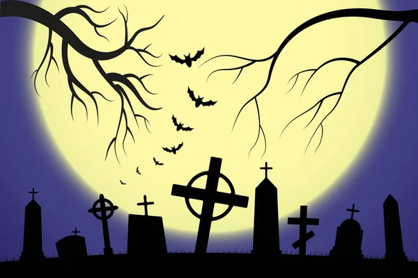 Halloween Aterrador Fondo Del Cementerio Con Árboles Cruces Murciélagos Halloween — Vector de stock